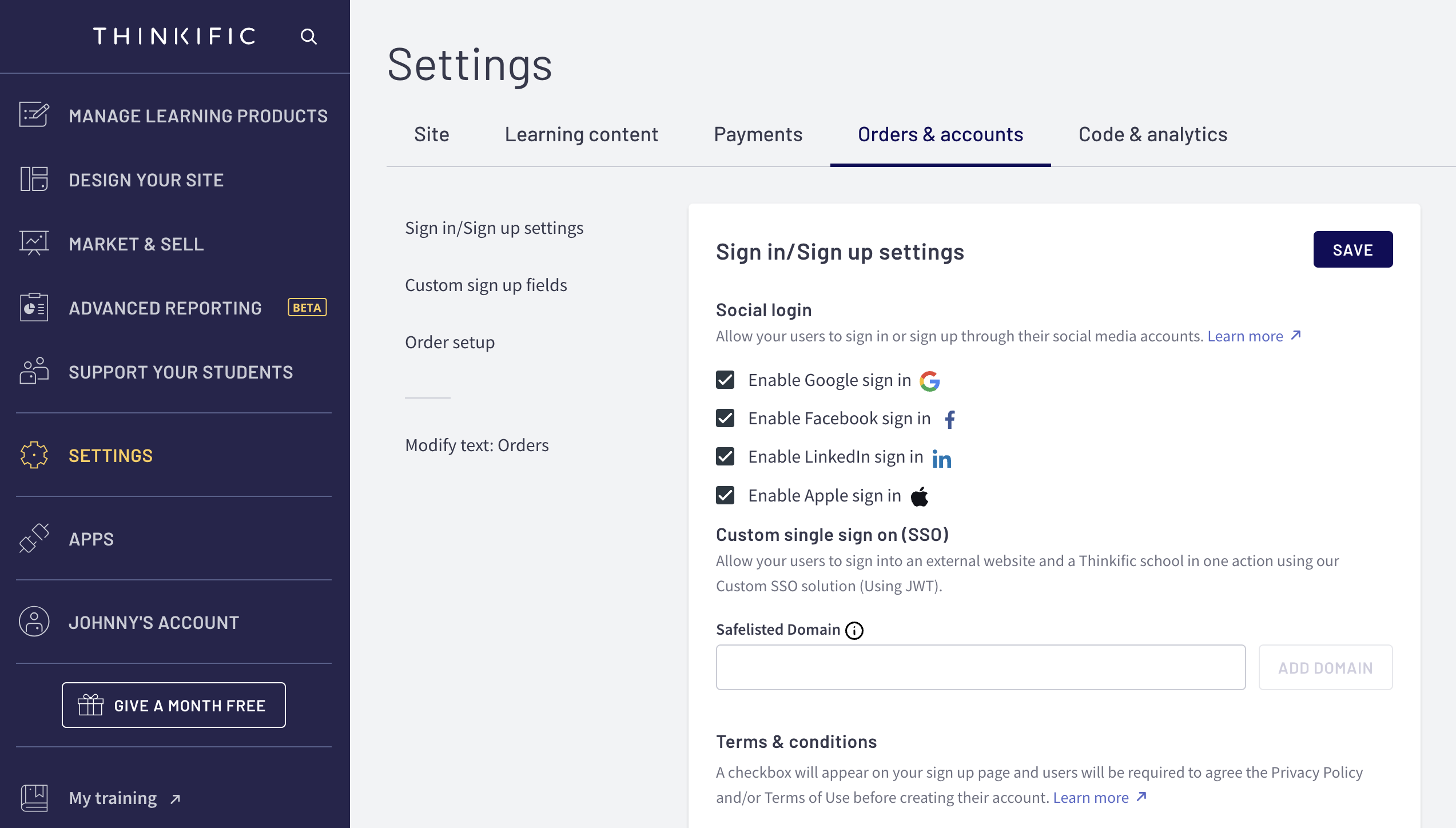 Login with Facebook, Google, LinkedIn and Apple – Thinkific