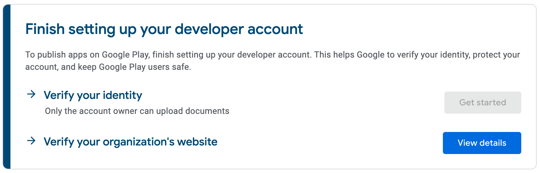 Finish setting up your developer account action item banner